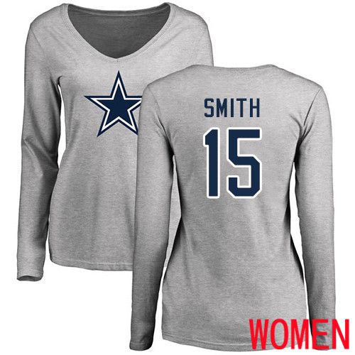 Women Dallas Cowboys Ash Devin Smith Name and Number Logo Slim Fit #15 Long Sleeve Nike NFL T Shirt->women nfl jersey->Women Jersey